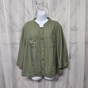 Arna York Olive Green Snap Boho Linen Minimalist Shacket Casual 22/24